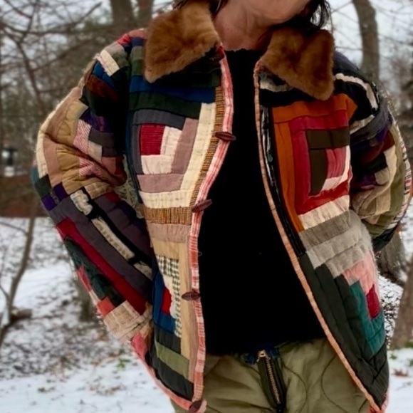 Upcycled Quilt Chore coat with mink collar - Picture 3 of 4